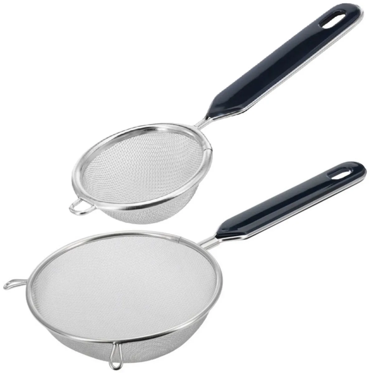 Keuken vergieten - 2x stuks - met handvat - zwart/zilver - rvs - D10 en D7 cm - Theezeefjes de Westmark en Argent – photo produit