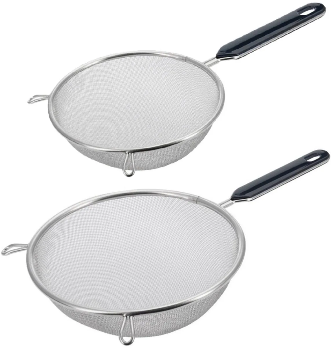 Keuken vergieten - 2x stuks - met handvat - zwart/zilver - rvs - D20 en D16 cm van Westmark in Zilver – productfoto