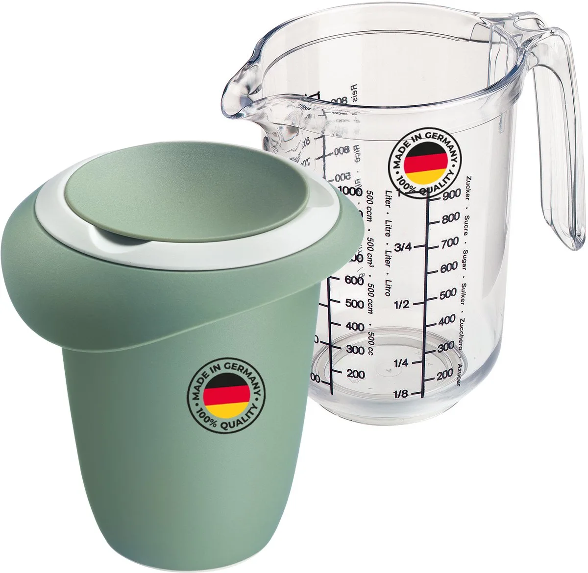 mengkom (1 l) en maatbeker "Gerda" (1 l) – Mengkom met spatbescherming en rubberen ring – Maatbeker met schaalverdeling en antislipvoet – Mintgroen/wit/transparant de Westmark en Vert, Blanc – photo produit