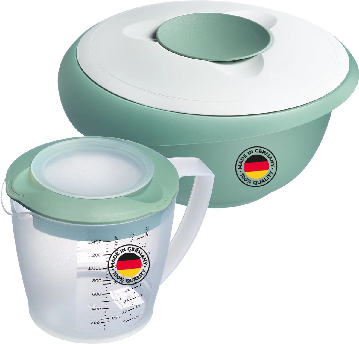 mengkom (2,5 l) en mengbeker "Helena" (1,4 l) – Mengkom met spatbeschermingsrand en rubberen ring – Beker met schenktuit en maatverdeling – Mintgroen/wit de Westmark en Vert – photo produit
