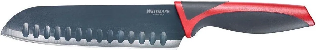 Santokumes/keukenmes, lemmetlengte 17 cm, breed lemmet met kuiltjes, met mesbeschermer, roestvrij staal/kunststof, antraciet/rood, 14562270 van Westmark in Rood – productfoto