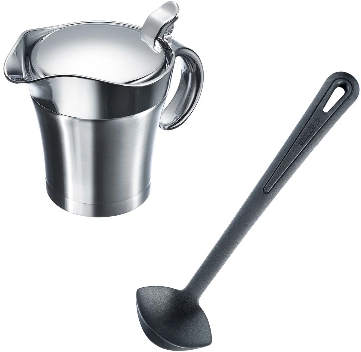 sausset, 2 stuks, 1 thermo-saucière met klapdeksel, 0,5 l + 1 sauslepel Gentle, lengte: 29 cm, roestvrij staal/ABS/PP/PA, zilver/zwart, 622422E6 de Westmark en Argent – photo produit