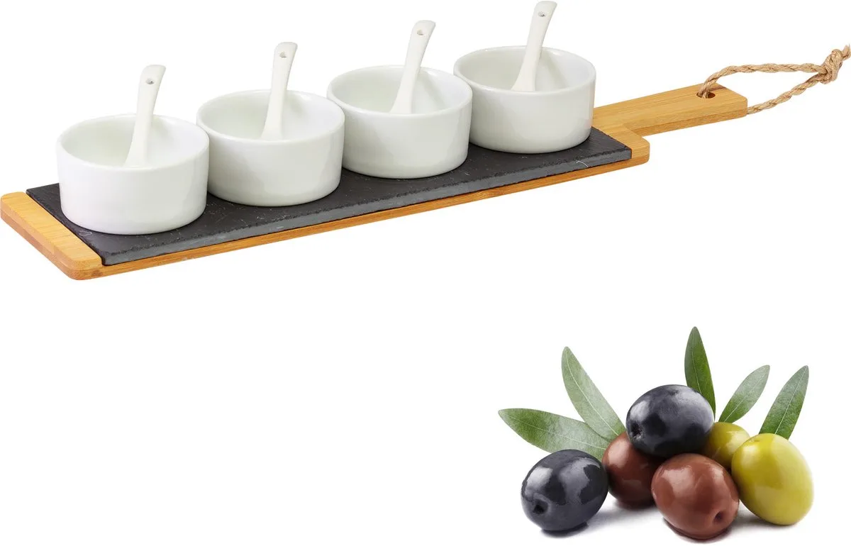 Serveerset, 9-delig, 1 dienblad + 4 kommen + 4 lepels, leisteen/bamboe/keramiek, Tapas + Friends, antraciet/lichtbruin/wit, 69662260 från Westmark i Flerfärgad – produktbild