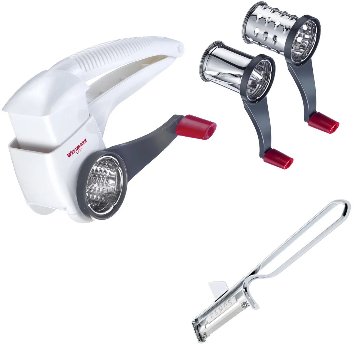 Set, 1 trommelrasp met 3 snijtrommels + 1 dunschiller, roestvrij staal/staal/ABS, wit/antraciet/zilver, 117222E7 by Westmark in White – product photo