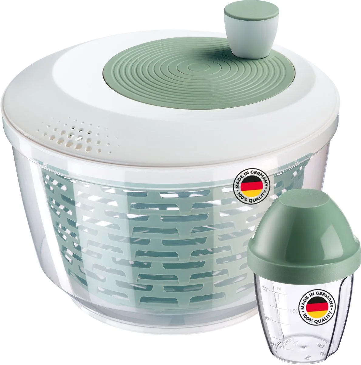 slacentrifuge "Spinderella" (4,4 l) en meng- en schudbeker "Mix-Ei" (0,25 l) – Compacte centrifuge met ergonomische draaiknop en schenktuit – Shaker met schroefdeksel en mengschijf – Mintgroen by Westmark in Green – product photo