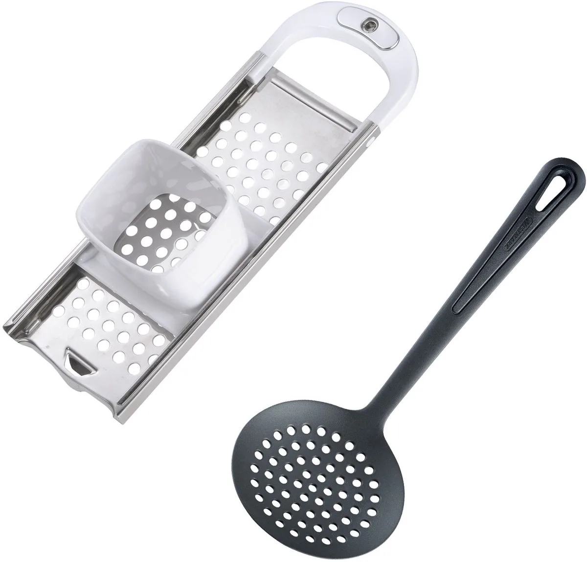 spaetzle-set, 2 stuks, 1 spaetzle-schaaf met deegschuif, Knöpfle + 1 schuimspaan, Gentle, roestvrij staal/ABS/PA, wit/zilver/zwart, 611222E6 von Westmark in Silber, Schwarz – Produktfoto