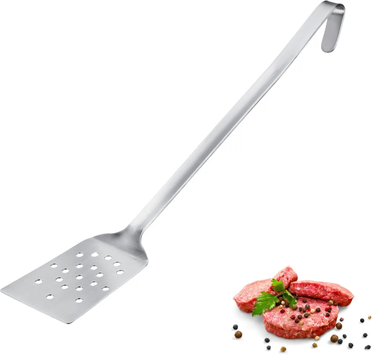 spatel Pro – roestvrijstalen spatel met gaatjes en ophanghaak – perfect voor pannen, BBQ en professionele keukens – pannenschep – 45 cm van Westmark in Zilver – productfoto