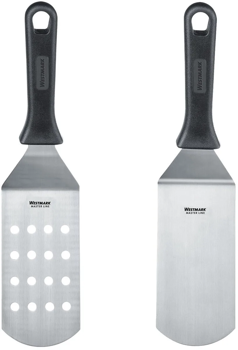 Westmark 2-delige set: 2 professionele spatels/grillspatels (gebogen, flexibel) met geperforeerd en gesloten blad, roestvrij staal/kunststof, Master Line, zwart/zilver, 133722E6 van Westmark – productfoto