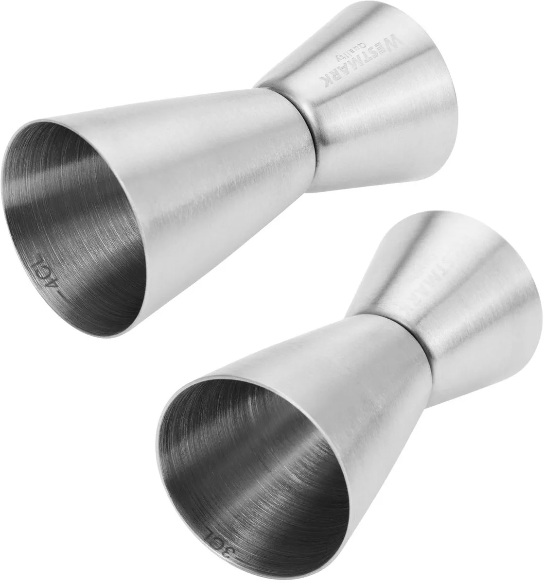 Westmark 2 kleine maatbekers / barmaten, jiggers voor cocktails, elk 2 maten: 2/4 cl en 2/3 cl, roestvrij staal, 627722E7 van Westmark in Zilver – productfoto