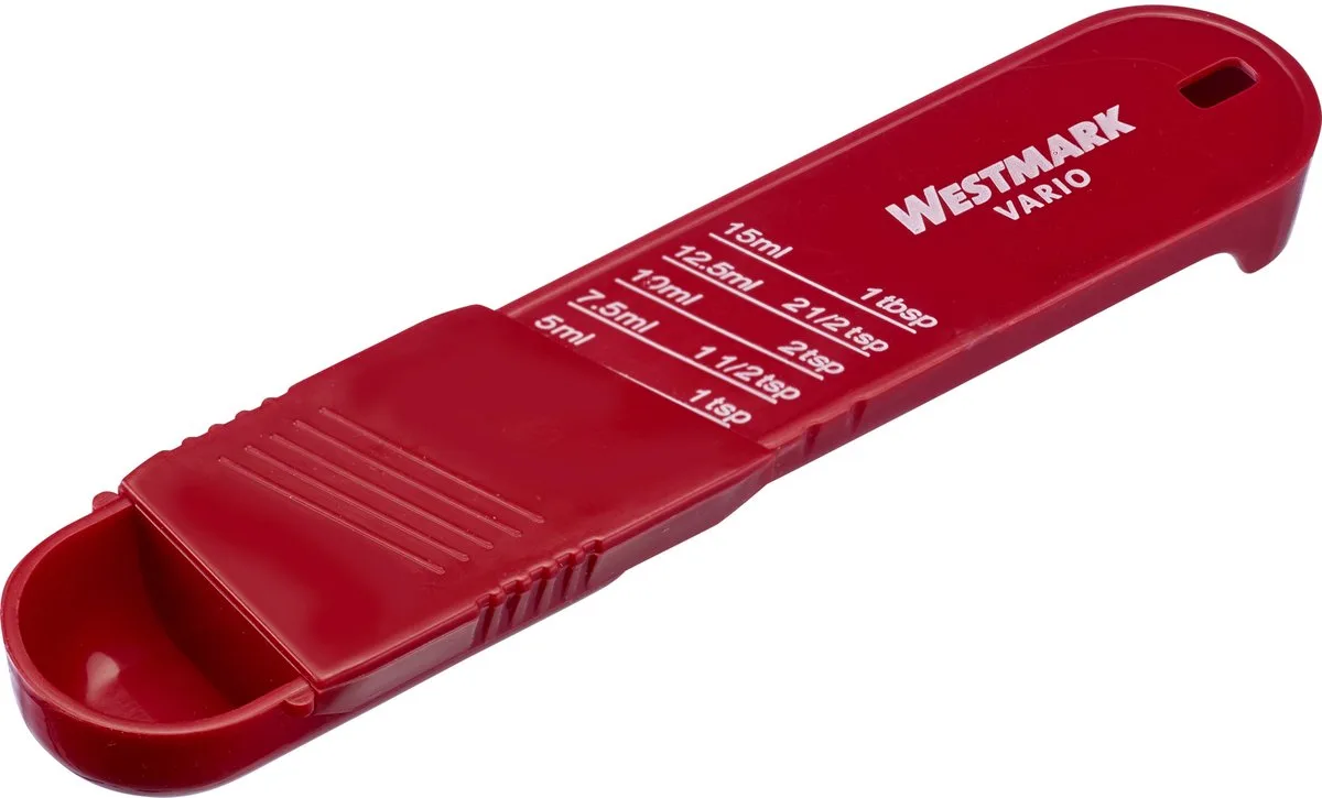 Westmark 2 maatlepels, verstelbaar, met schaalverdeling: 1x 0,6 - 5ml en 1x 5 - 15 ml, kunststof, Vario, rood/wit, 30592270 fra Westmark i Rød – produktbillede