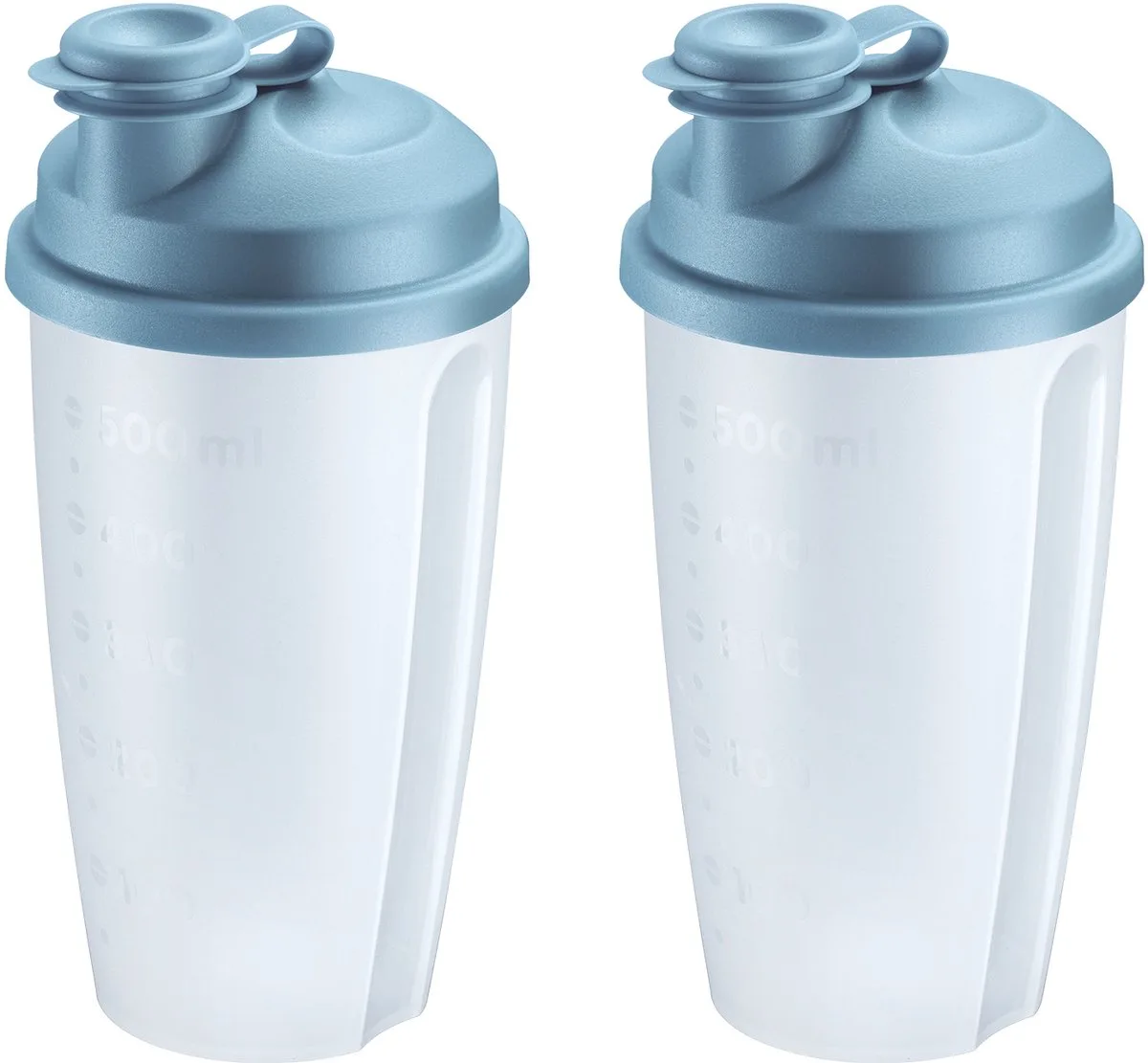 Westmark 2 mix- en schudbekers/dressingshakers met maatverdeling, uitneembare mengschijf en afsluitbare schenktuit, inhoud: 0,5 l, kunststof, BPA-vrij, Mixery, kleur: doorschijnend/blauw, 243522EB von Westmark in Blau – Produktfoto