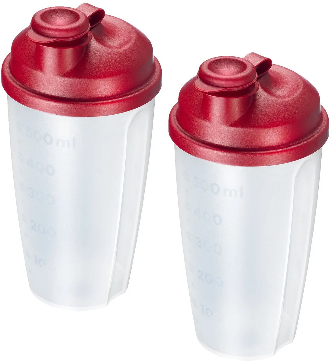Westmark 2 mix- en schudbekers/dressingsshakers met maatverdeling, afneembare blenderschijf en afsluitbare schenktuit, inhoud: 0,5 l, kunststof, BPA-vrij, Mixery, kleur: doorschijnend/rood, 243522ER van Westmark in Doorschijnend – productfoto