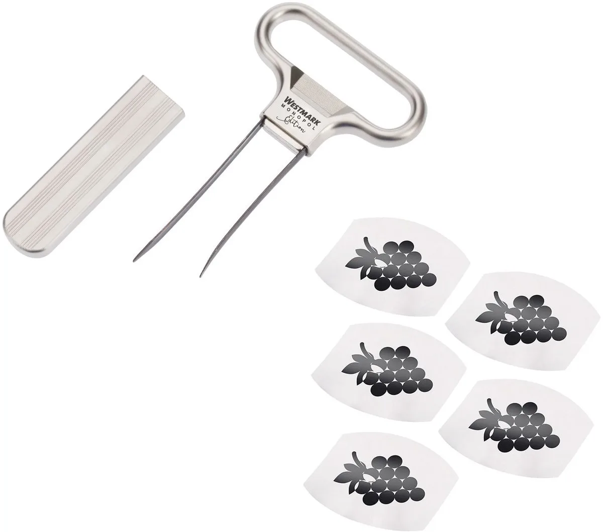 wijnset, 6-delig, 1 ontkurker/herkurker met flesopener Ah-So, Monopol-editie + 5 wijnschenktuiten Safety, staal/gegoten zink/PET, mat/zilver/zwart, 628533E7 de Westmark en Argent – photo produit