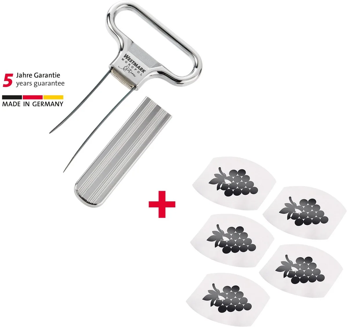 wijnset, 6-delig, 1 ontkurker/herkurker met flesopener Ah-So, Monopol-editie + 5 wijnschenktuiten Safety, staal/gegoten zink/PET, verchroomd/zilver/zwart, 628533E6 de Westmark en Argent – photo produit