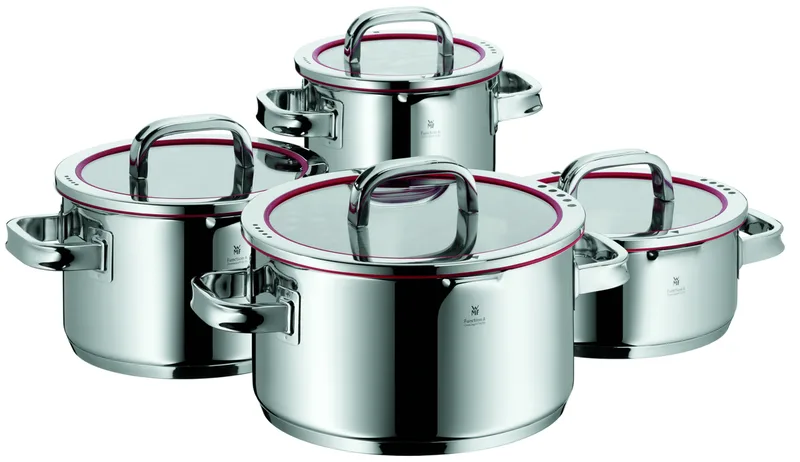 Function 4 Topfset Induktion 4-teilig, Glasdeckel mit 4 Abgießfunktionen, Cromargan Edelstahl poliert, Induktions Töpfe Set, Innenskalierung från WMF – produktbild