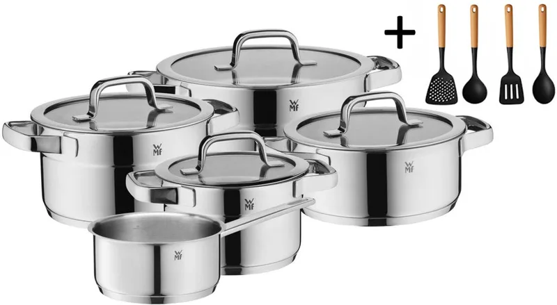 Pannenset Compact Cuisine 5-Delig Inclusief GRATIS Cookinglife Kookgerei set - Kookpan ø 16, 16, 20 en 20 cm en Steelpan ø 14 cm de WMF en Argent – photo produit