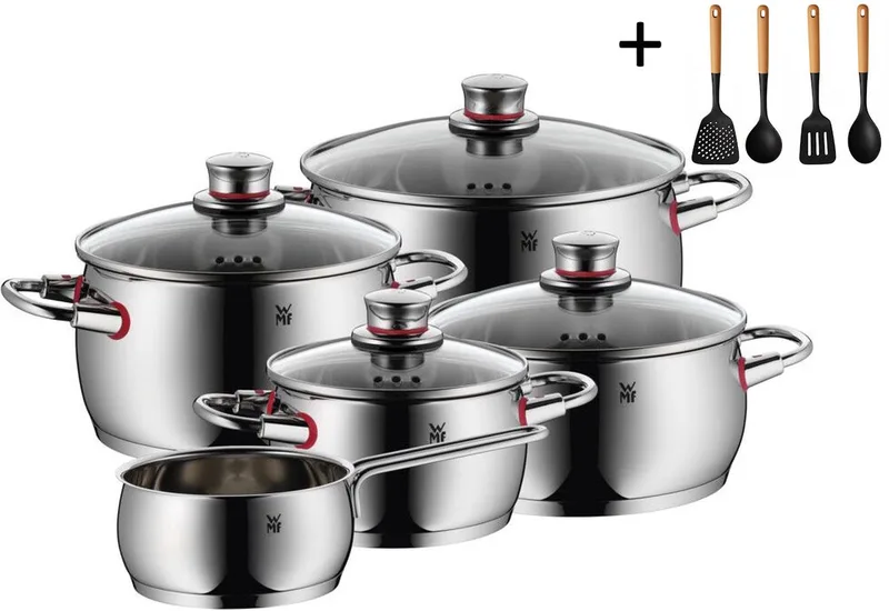 Pannenset Quality One - RVS 5-Delig Inclusief GRATIS Cookinglife Kookgerei set - Kookpan ø 16, 20, 20 en 24 cm en Steelpan ø 16 cm de WMF en Argent – photo produit