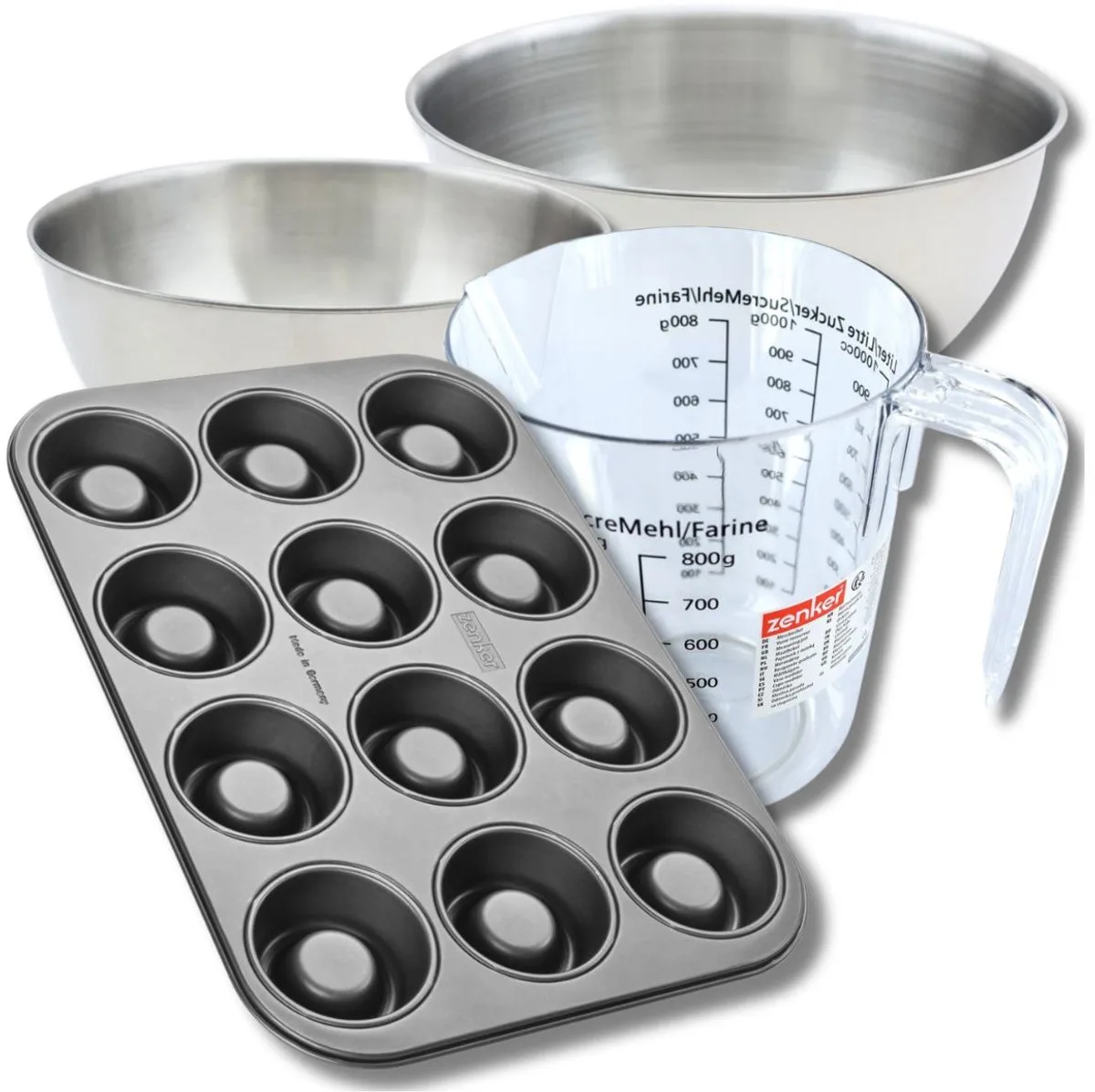 Bakkerijset met bakvorm voor 12 rum babas 38,5 x 26,5 cm van staal, 2 mengkommen, maatbeker en spatel Zenker de Zenker en Noir – photo produit