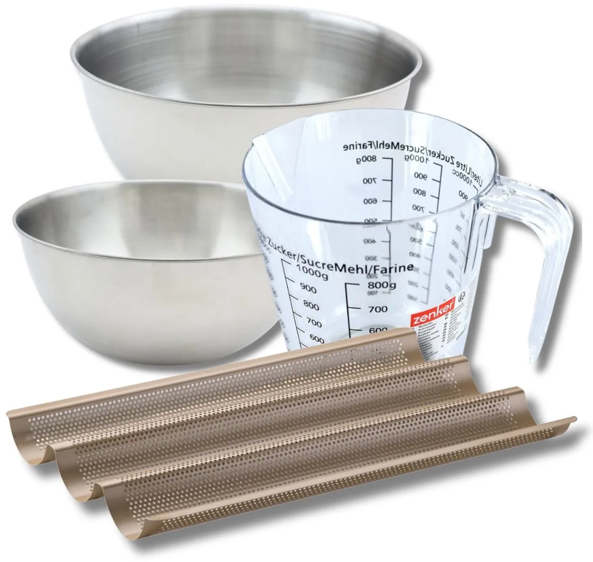 Bakkerijset met geperforeerde bakvorm voor 3 stokbroden 38,5 x 24,6 cm van staal, 2 mengkommen, maatbeker en spatel Zenker by Zenker in Gold – product photo