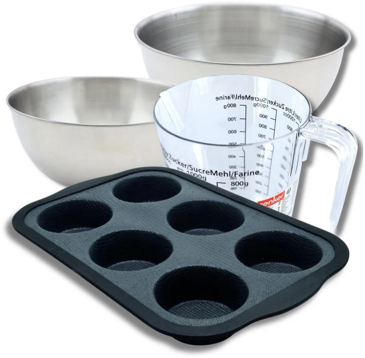 Bakkerijset met siliconen muffinvorm voor 6 muffins, 2 mengkommen, maatbeker en spatel Zenker by Zenker in Black, Grey – product photo