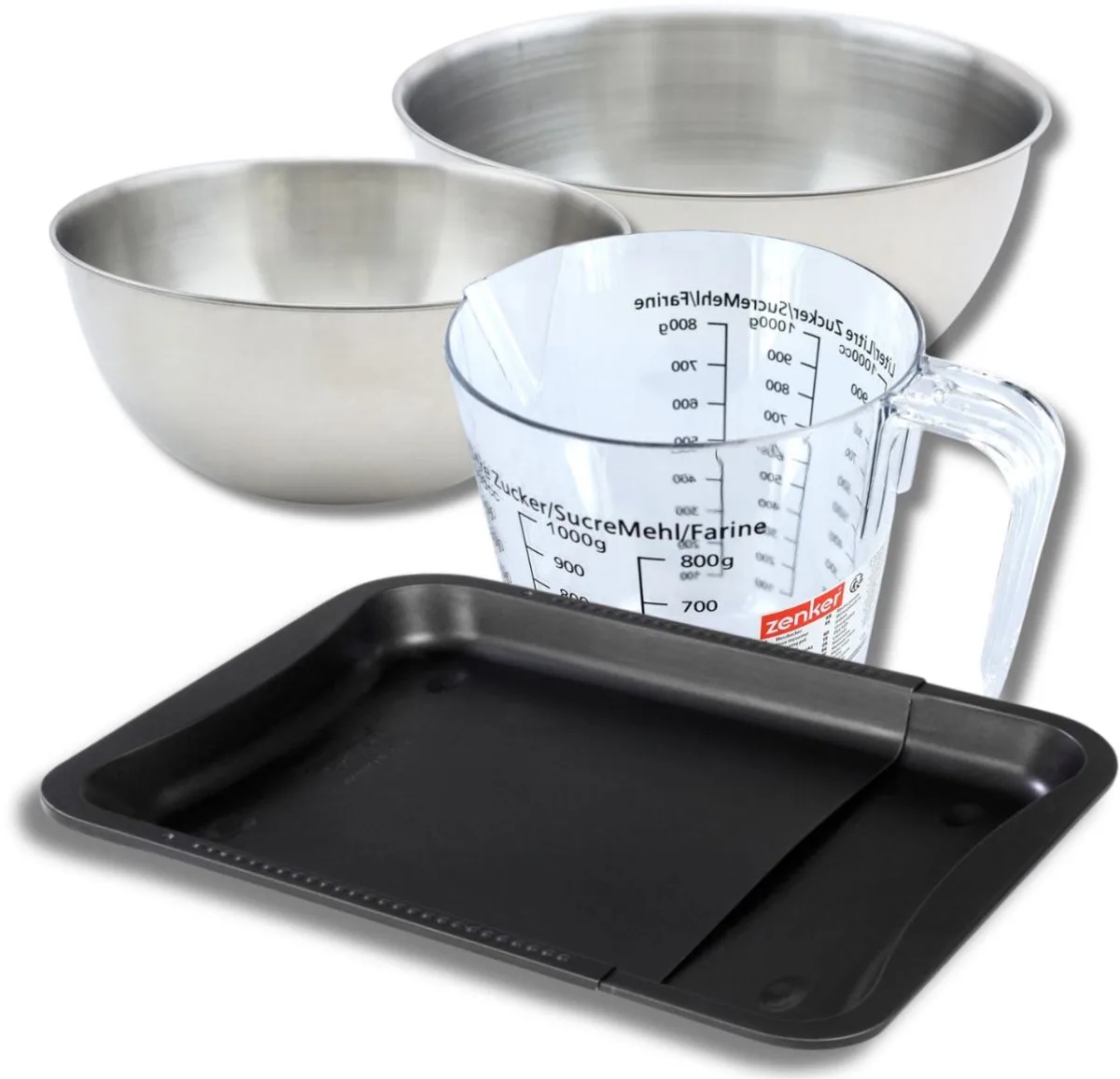 Bakkerijset met uitschuifbare bakplaat van 35-52 cm, 2 mengkommen, maatbeker en spatel Zenker von Zenker in Schwarz – Produktfoto