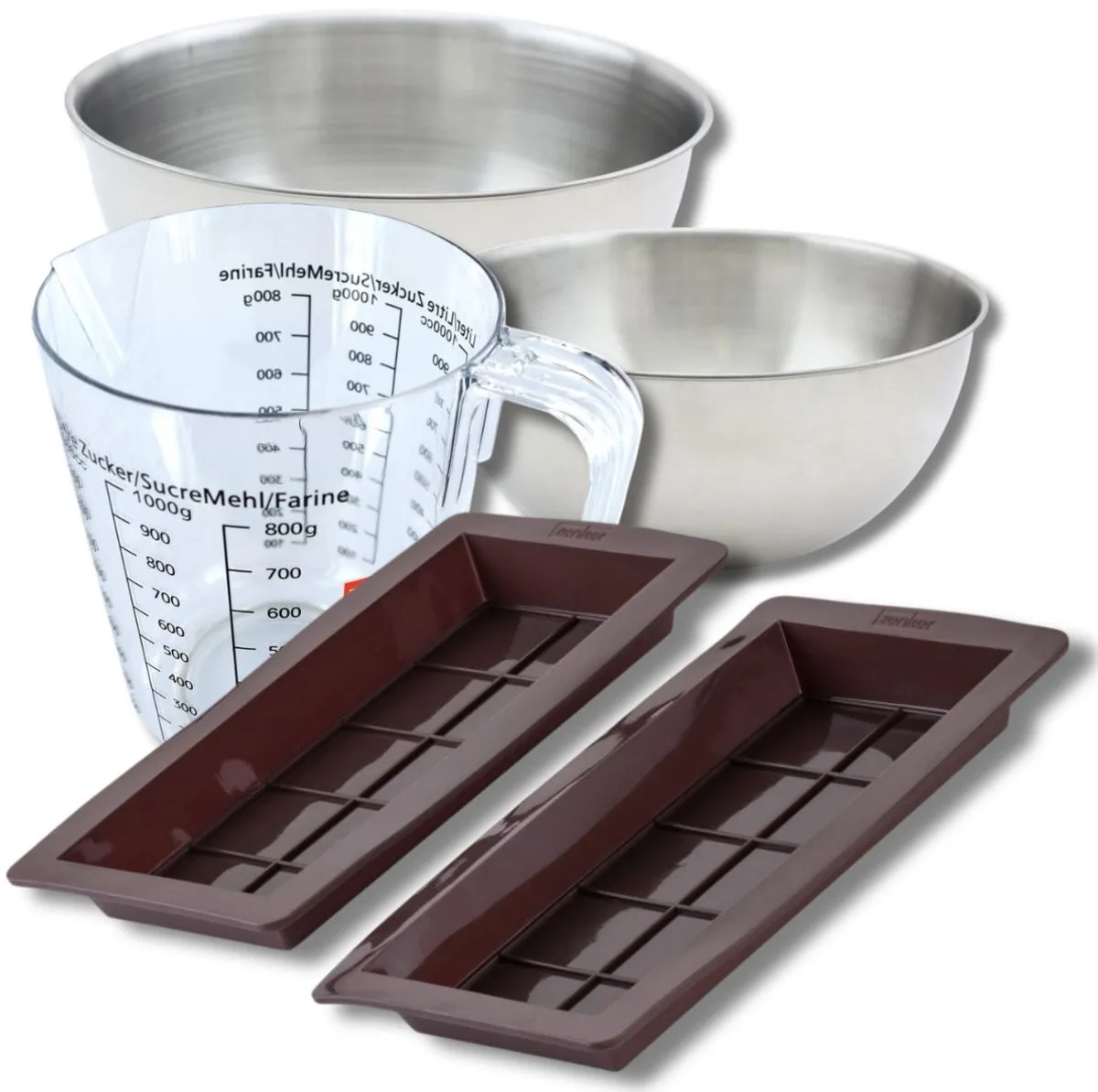 Bakkerset met 2 chocoladevormen uit Dubai, 2 mengkommen, maatbeker en spatel Zenker van Zenker in Bruin – productfoto