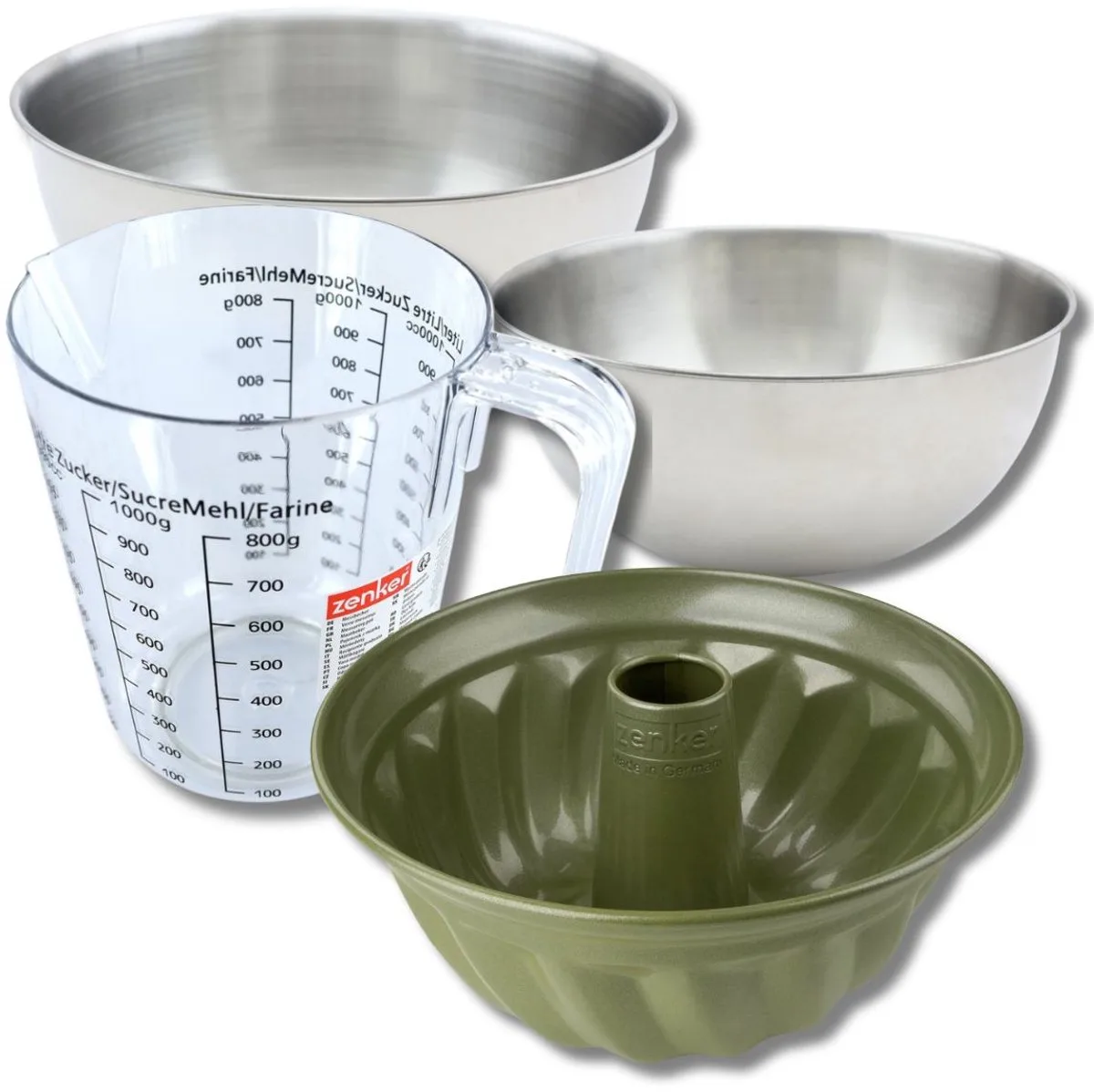 Bakkerset met 25 cm karamelvorm met carnaubawaslaag, 2 mengkommen, maatbeker en spatel Zenker van Zenker in Groente – productfoto
