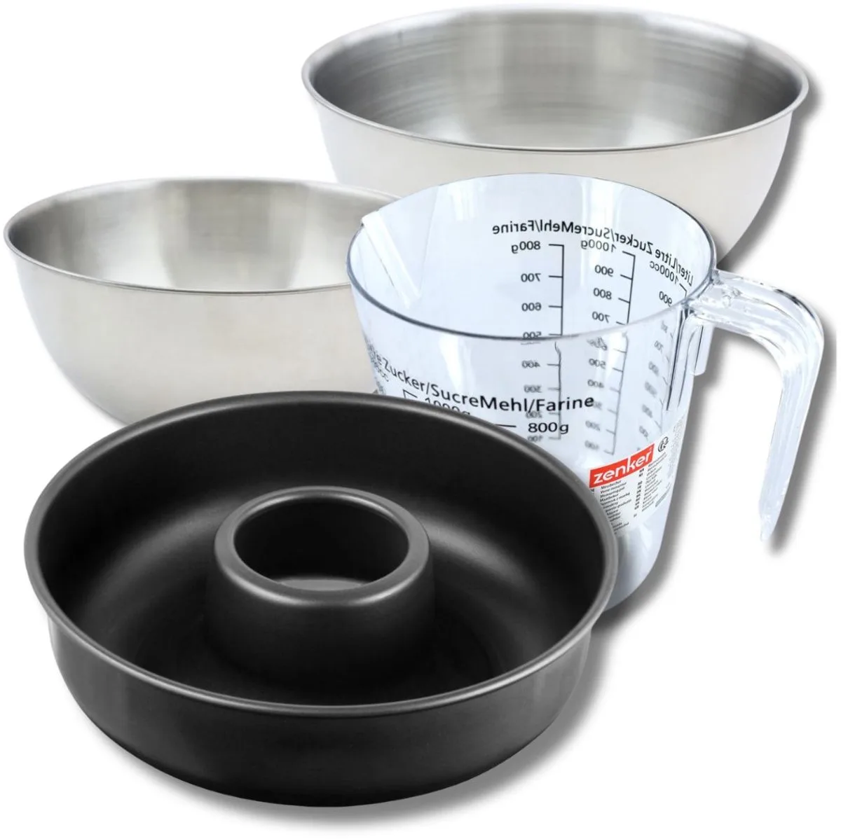 Bakkerset met 28 cm savarinvorm van staal, 2 mengkommen, maatbeker en spatel Zenker fra Zenker i Sort – produktbillede