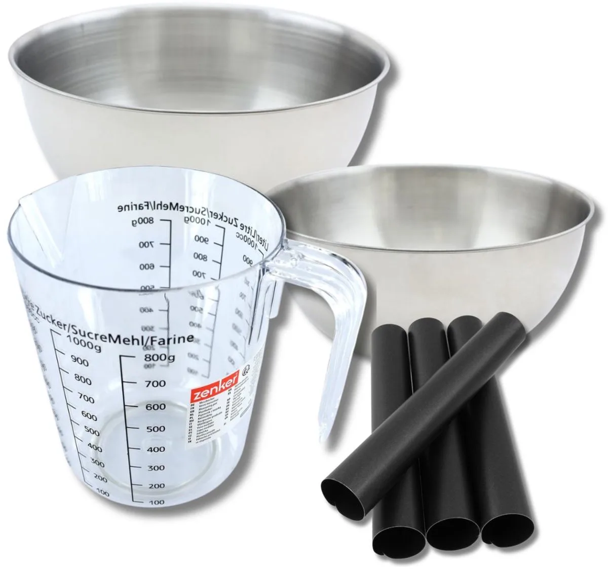 Bakkerset met 4 tubevormen van 13 cm, 2 mengkommen, maatbeker en spatel Zenker van Zenker in Zwart – productfoto