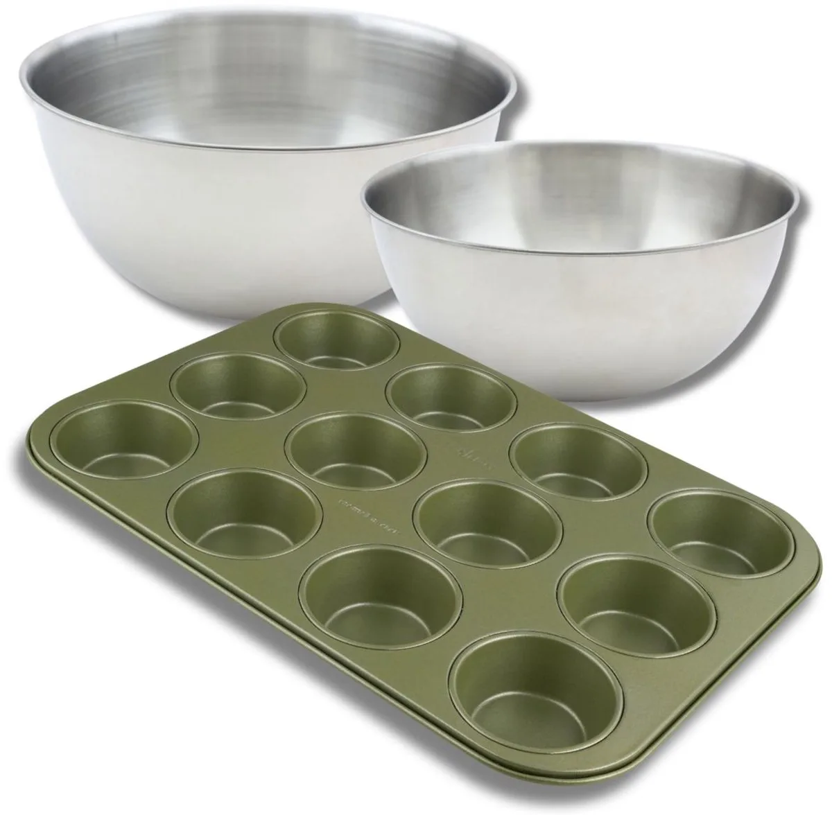Bakkerset met bakvorm voor 12 muffins, 2 mengkommen en spatel Zenker van Zenker in Groen, Roestvrij staal – productfoto