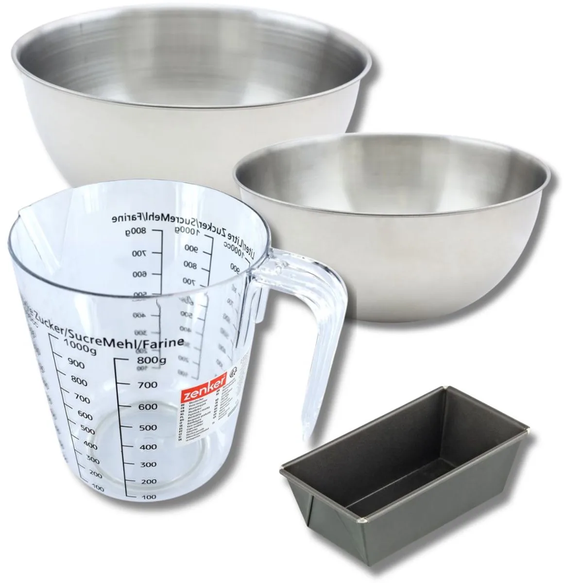 Bakkerset met mini cakevorm 16 cm, 2 mengkommen, maatbeker en spatel Zenker fra Zenker i Sort – produktbillede