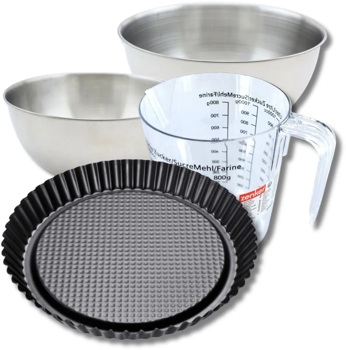 Bakkerset met omgekeerde taartvorm 28 cm, 2 mengkommen, maatbeker en spatel Zenker von Zenker in Schwarz – Produktfoto