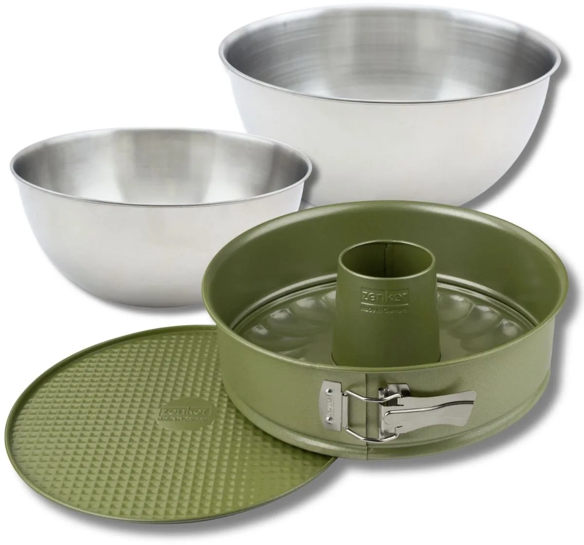 Bakkerset met springvorm en savarinvorm 26 cm, 2 mengkommen en spatel Zenker de Zenker en Vert, Roestvrij staal – photo produit