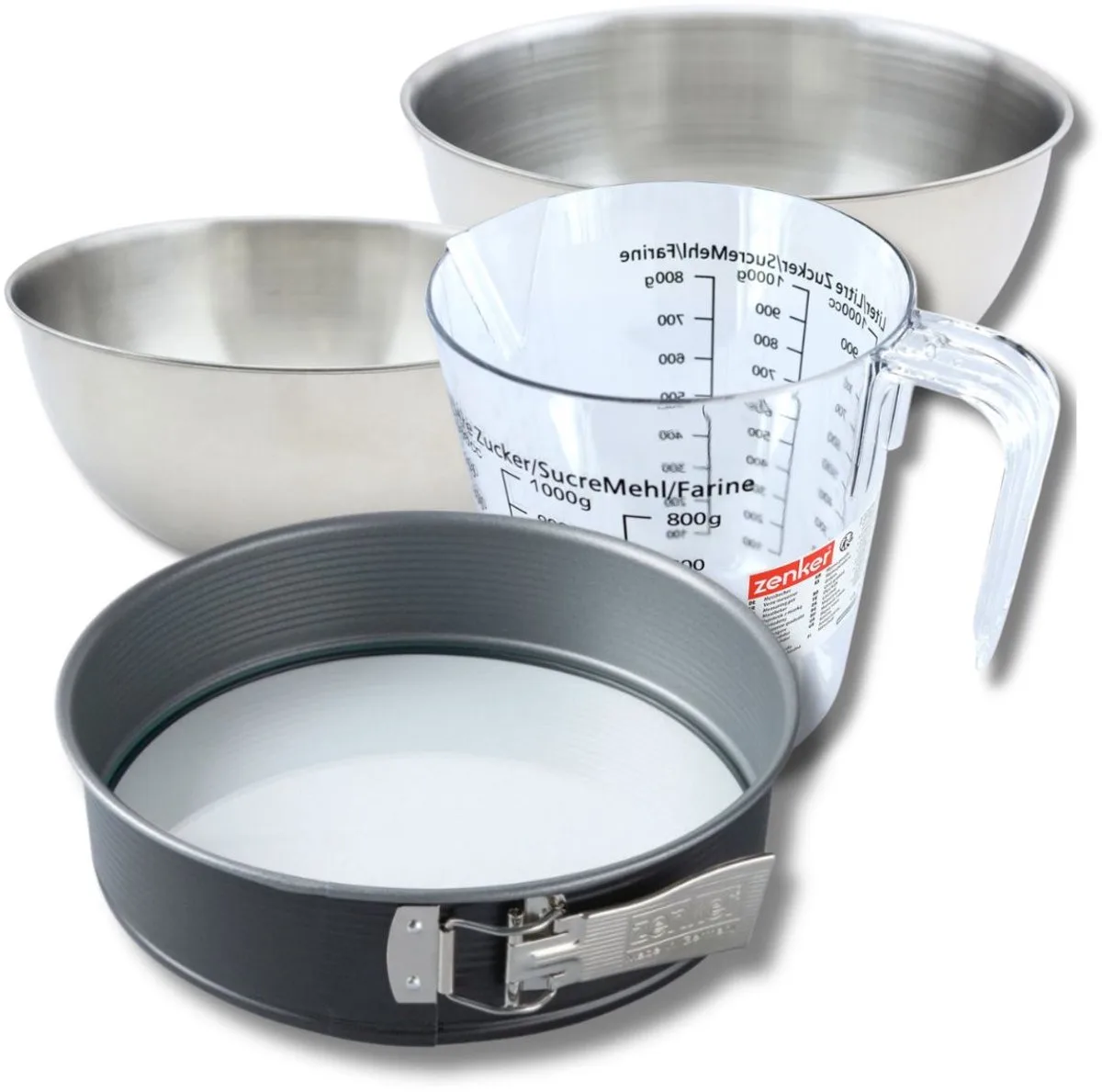 Bakkersset met 26 cm springvorm van staal, 2 mengkommen, maatbeker en spatel Zenker van Zenker in Grijs – productfoto