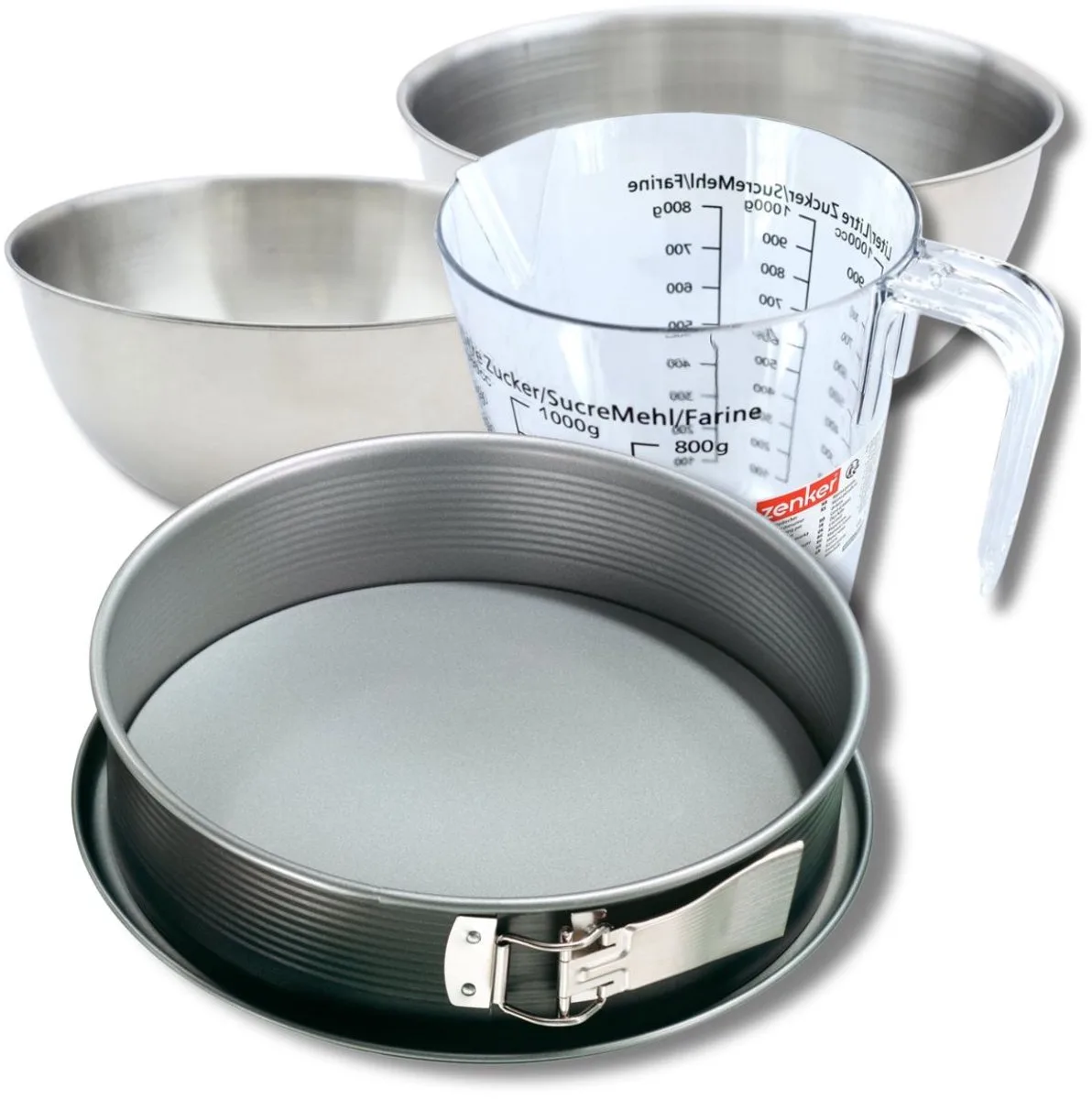 Bakkersset met 28 cm springvorm van staal, 2 mengkommen, maatbeker en spatel Zenker by Zenker in Grey – product photo