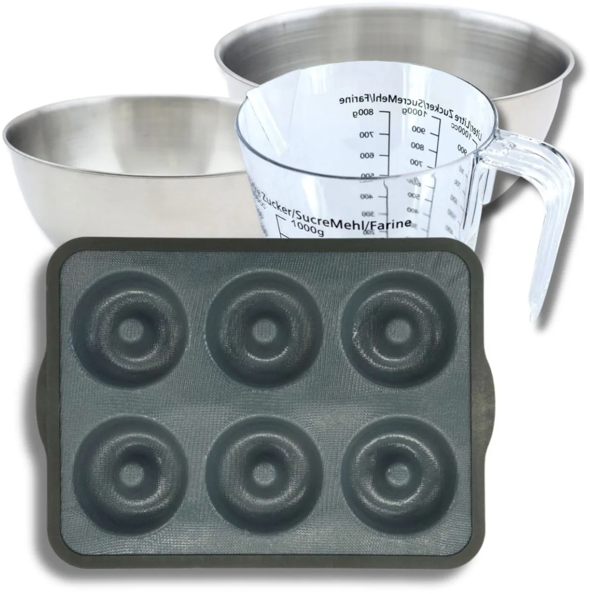 Bakkersset met 6-donutsvorm 36 x 26 cm van siliconen, 2 mengkommen, maatbeker en spatel Zenker van Zenker in Zwart, Grijs – productfoto