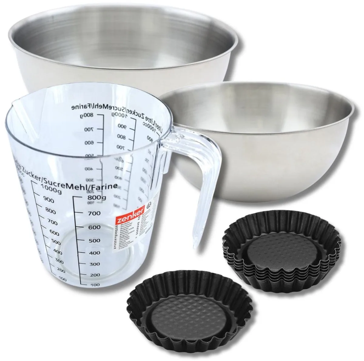 Bakkersset met 6 omgekeerde taartvormpjes 10 cm, 2 mengkommen, maatbeker en spatel Zenker van Zenker in Zwart – productfoto