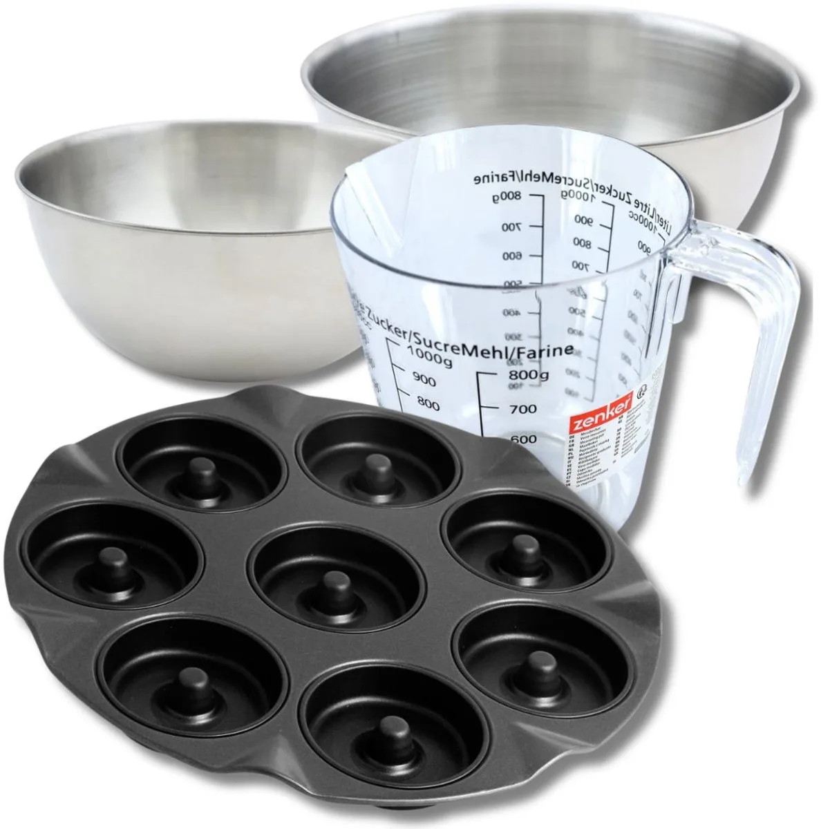 Bakkersset met 8-delige donutvorm 33 cm van staal, 2 mengkommen, maatbeker en spatel Zenker van Zenker in Zwart – productfoto