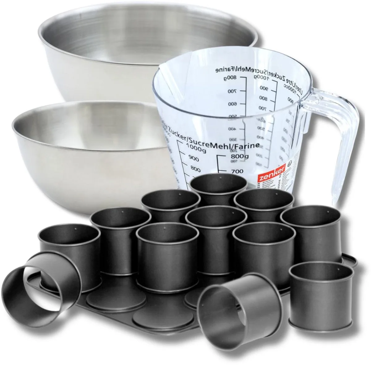 Bakkersset met bakplaat voor 12 mini ronde vormpjes 38 x 30 cm van staal, 2 mengkommen, maatbeker en spatel Zenker de Zenker en Noir – photo produit