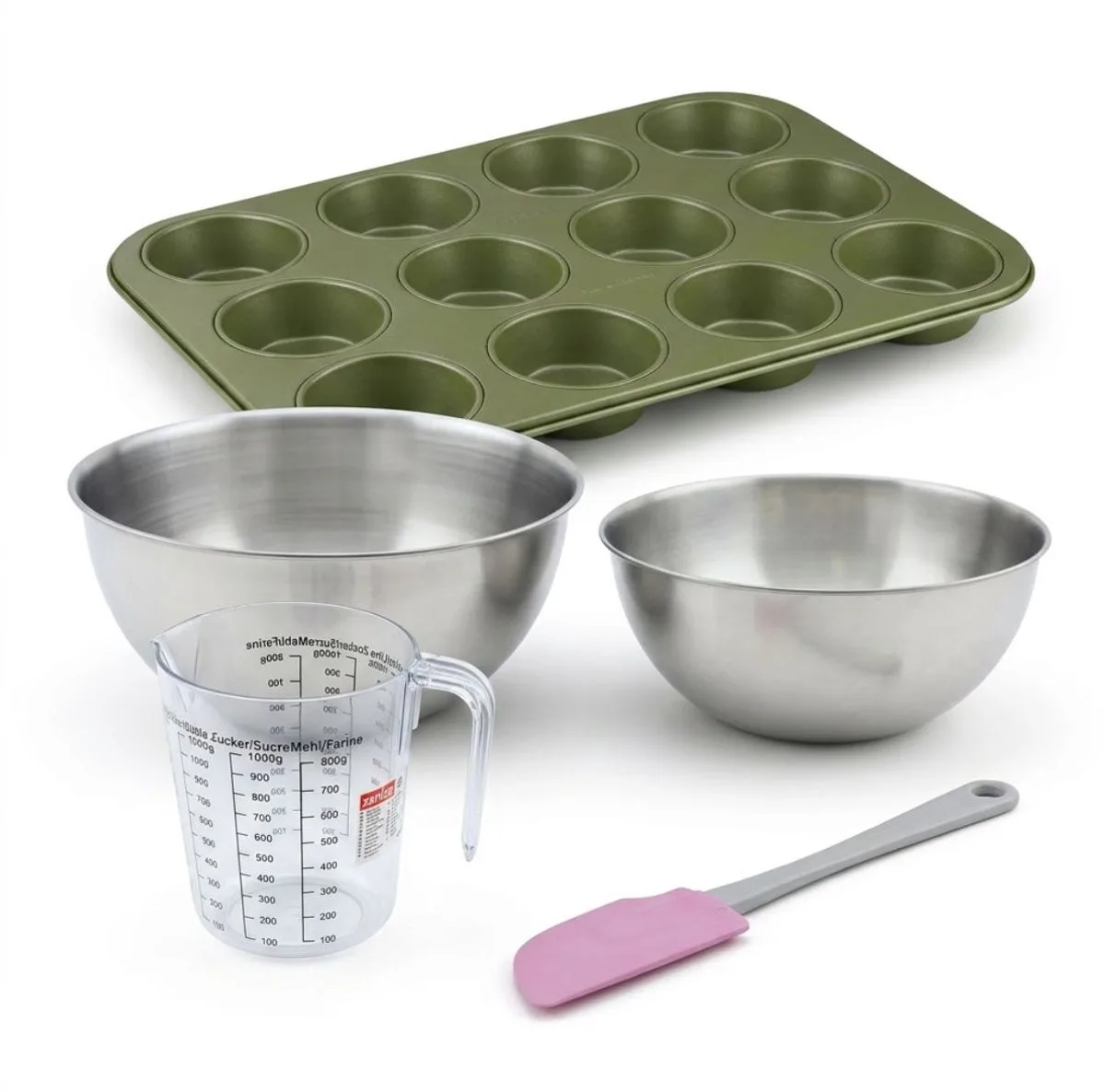 Bakkersset met bakvorm voor 12 muffins met carnaubawaslaag, 2 mengkommen, maatbeker en spatel Zenker by Zenker in Groente – product photo
