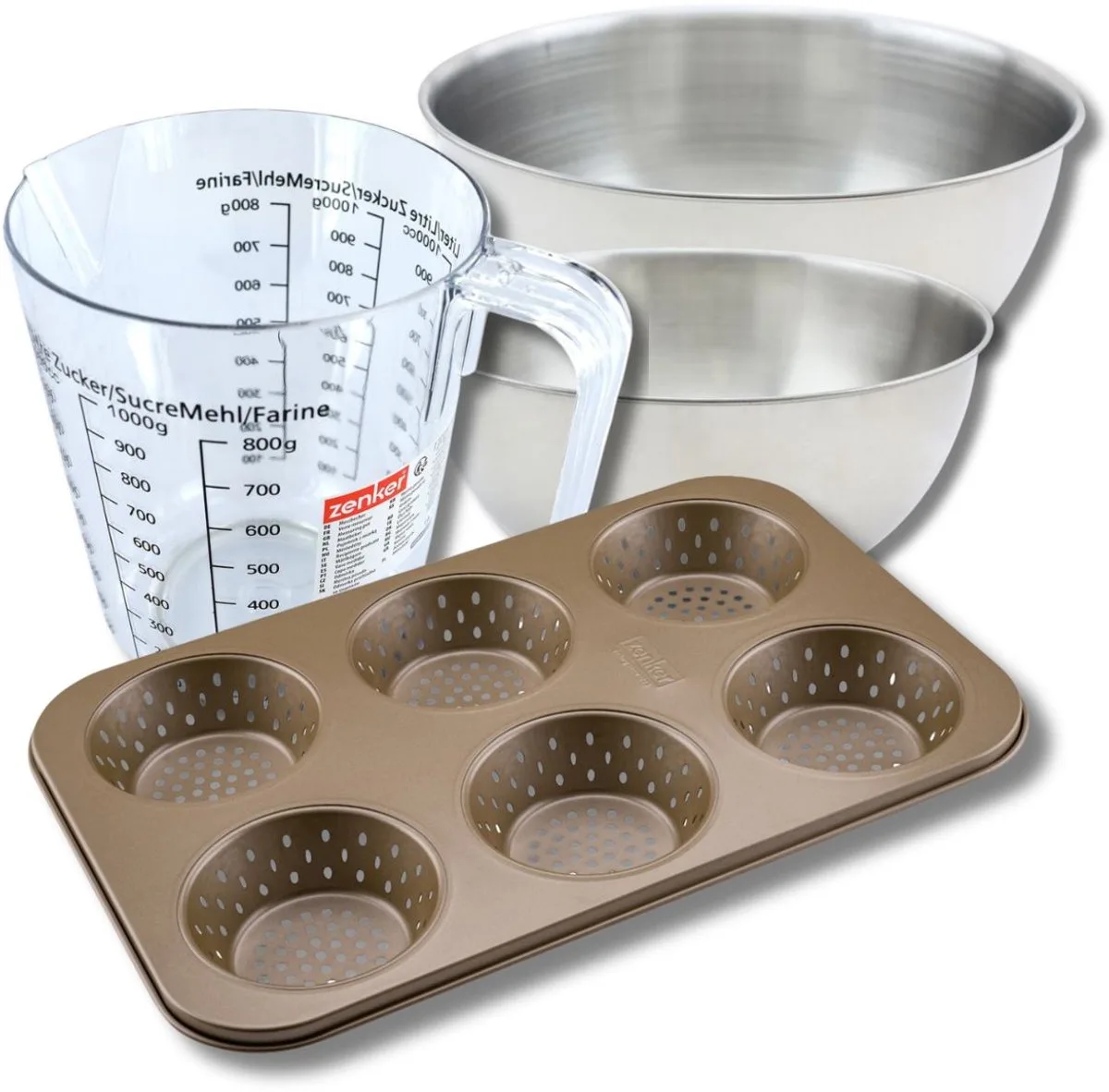 Bakkersset met bakvorm voor 6 kleine broodjes 33 x 22 cm van staal, 2 mengkommen, maatbeker en spatel Zenker de Zenker en Or – photo produit