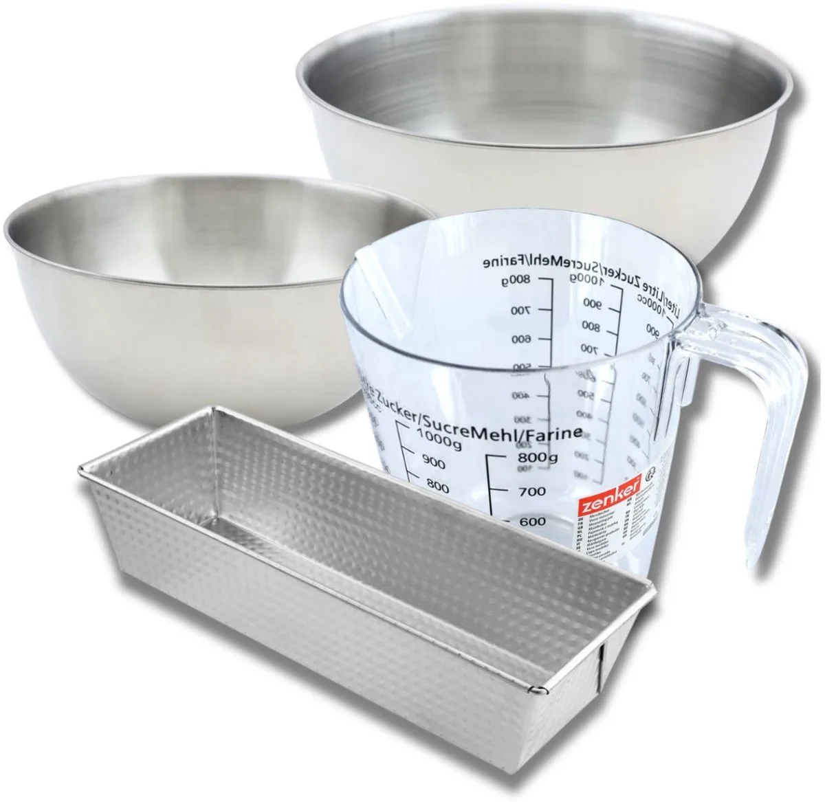 Bakkersset met cakevorm van staal 25 cm, 2 mengkommen, maatbeker en spatel Zenker by Zenker in Grey – product photo