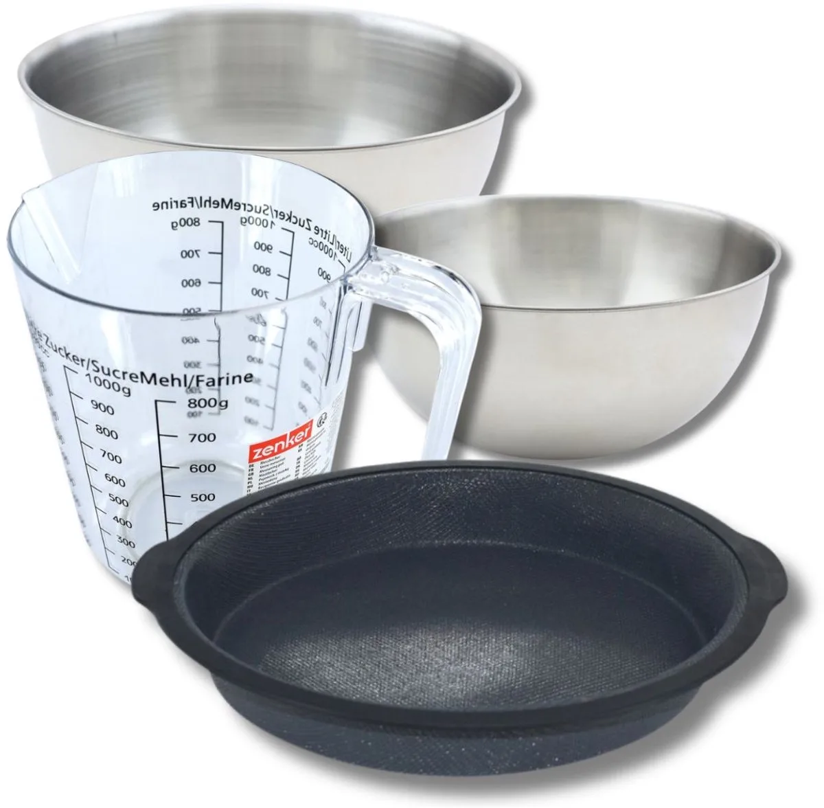 Bakkersset met een springvorm van 25 cm, 2 mengkommen, maatbeker en spatel Zenker von Zenker in Schwarz, Grau – Produktfoto