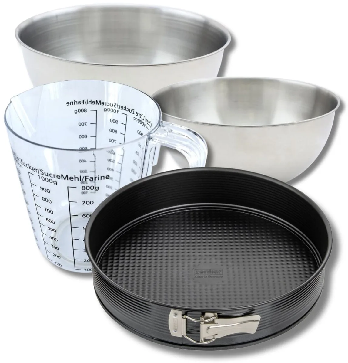 Bakkersset met een springvorm van 28 cm, 2 mengkommen, maatbeker en spatel Zenker fra Zenker i Sort – produktbillede