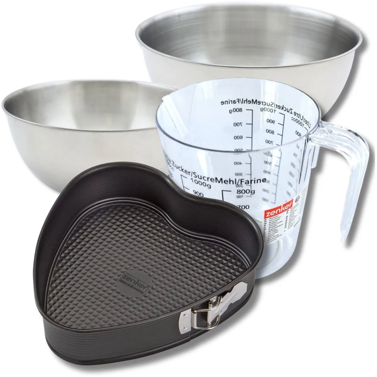 Bakkersset met hartvormige taartvorm 27 x 25 cm van staal, 2 mengkommen, maatbeker en spatel Zenker von Zenker in Schwarz – Produktfoto