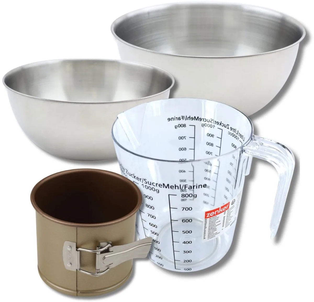 Bakkersset met kleine panettonevorm 12 x 10 cm van staal, 2 mengkommen, maatbeker en spatel Zenker de Zenker en Or – photo produit