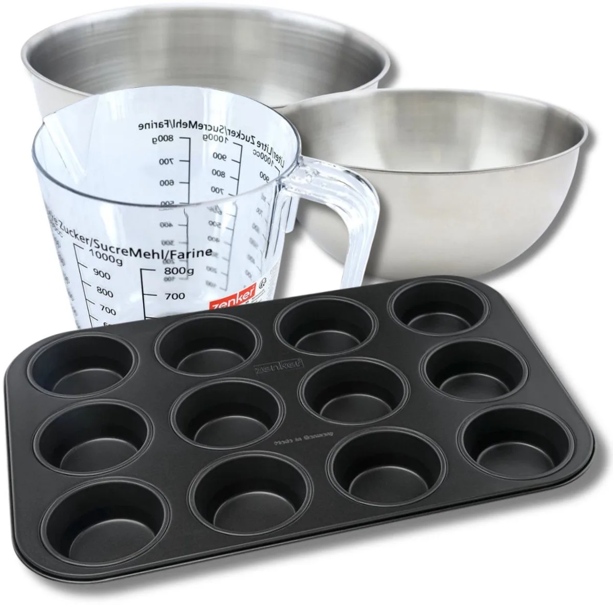 Bakkersset met muffinvorm 12 holtes 38 x 26 cm, 2 mengkommen, maatbeker en spatel Zenker von Zenker in Schwarz – Produktfoto