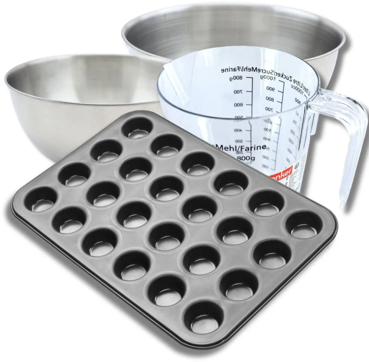 Bakkersset met muffinvorm 24 holtes 38 x 26 cm, 2 mengkommen, maatbeker en spatel Zenker fra Zenker i Sort – produktbillede