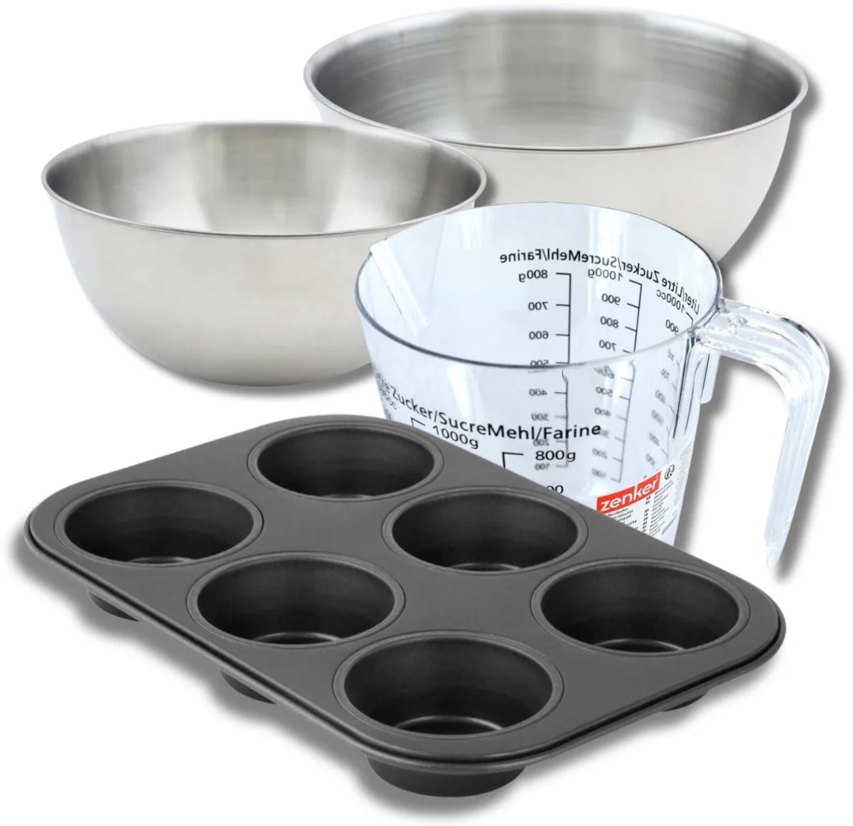 Bakkersset met muffinvorm 6 holtes 28 cm, 2 mengkommen, maatbeker en spatel Zenker by Zenker in Black – product photo