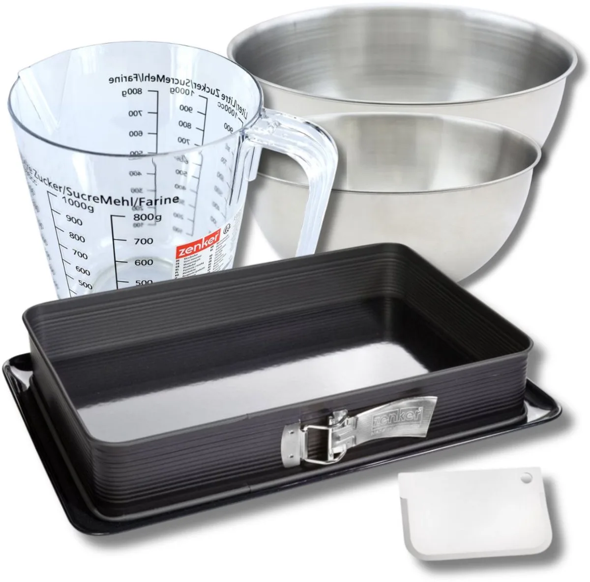 Bakkersset met rechthoekige bakvorm van 42 x 29 cm in geëmailleerd staal, 2 mengkommen, maatbeker en spatel Zenker von Zenker in Schwarz – Produktfoto
